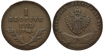 Священная Римская империя, Королевство Галиции и Лодомерии 1 грош 1794 Франц II (1768-1835), вес 3,28 гр. KM 4 медь 1516-1041