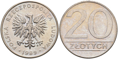 Польша 20 злотых 1989 MW, Народная Республика KM 153.2, Parchimowicz 255a медно-никель 69-641