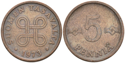 ФИНЛЯНДИЯ 5 ПЕННИ 1973 KM 45 медь 4567-655