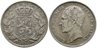 Бельгия 5 франков 1850 Леопольд I (1831-1865) KM 17 серебро 00-1067-9-41
