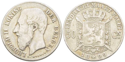 БЕЛЬГИЯ 50 САНТИМОВ 1899 ЛЕОПОЛЬД II (1865-1909) BELGEN KM 27 серебро VF 206-118
