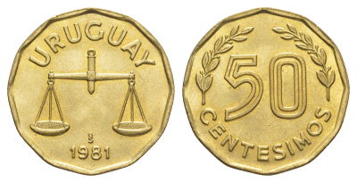 Уругвай 50 сентесимо 1981 KM 68 алюминиевая бронза UNC 4637-1216