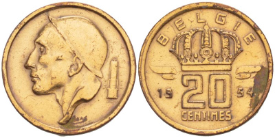 БЕЛЬГИЯ 20 САНТИМОВ 1954 BELGIE KM 147.1 бронза 4528-914