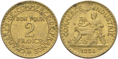 Франция 2 франка 1924 тип Chambre de commerce KM 877, Le Franc 267.6 алюминиевая бронза   3460-511