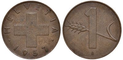 Швейцария 1 раппен 1957 KM 46 бронза 4174-138