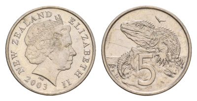 Новая Зеландия 5 центов 2003 Елизавета II (1952-2022), ящерица гаттерия KM 116 медно-никель 4588-564