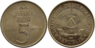 ГДР 5 марок 1969 А, 20 лет ГДР KM 22.1, J. 1524 никель бронза aUNC 59-616