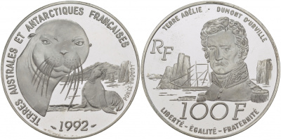 Франция 100 франков 1992 ТЮЛЕНИ, ФРАНЦУЗСКИЕ АНТАРКТИЧЕСКИЕ ТЕРРИТОРИИ KM 1010 серебро PROOF 05-095-34