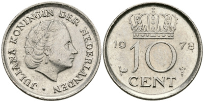 Нидерланды 10 центов 1978 Юлиана (1948-1980) КМ 182 никель 96-459