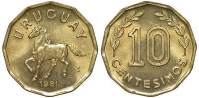 Уругвай 10 сентесимо 1981 KM 66 алюминиевая бронза 4169-516