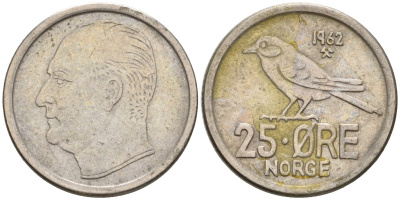 Норвегия 25 эре 1962 Улаф V (1958-1991), синица KM 407 медно-никель 4532-131