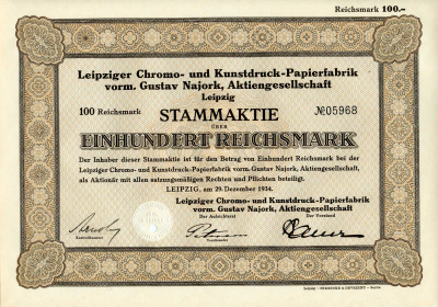 Германия 100 рейхсмарок 1934 АО Лейпцигская фабрика по производству бумаги для хромо- и художественной печати, акция   бумага 8801-53-1