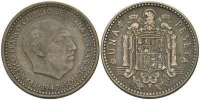 Испания 1 песета 1947 (49) Франциско Франко KM 775 алюминиевая бронза 4579-143
