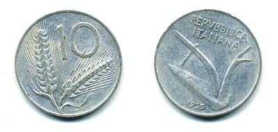 ИТАЛИЯ 10 ЛИР 1955 R, КОЛОСЬЯ, ПЛУГ KM 93 алюминий 23-1314