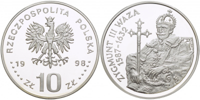 Польша 10 злотых 1998 MW, серия польские корабли, Сигизмунд III Ваза, с крестом, тираж 7000 экземпляров KM 338 серебро PROOF 1084-7-42