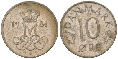 Дания 10 эре 1981 Маргрете II (1972-2024) KM 860 медно-никель 4618-363