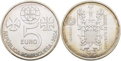 ПОРТУГАЛИЯ 5 ЕВРО 2004 НАСЛЕДИЕ ЮНЕСКО, МОНАСТЫРЬ ХРИСТА, МОСТ KM 754 серебро UNC 06-204-15
