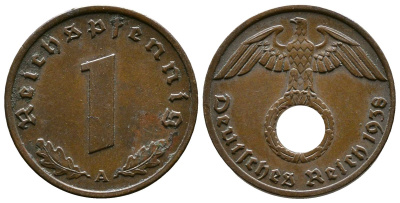 Германия 1 рейхспфенниг 1938 A KM 89, J. 361 бронза    220-247