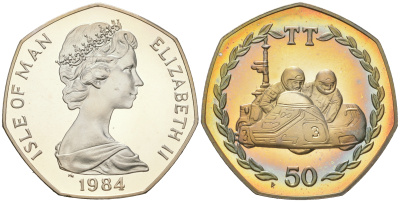 Остров Мэн 50 пенсов 1984 Елизавета II (1952-2022), мотогонки TT, тираж 5000 экземпляров КМ 126a серебро  PROOF  1091-7-51