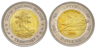Кокосовые острова 5 долларов 2004 X 17 биметалл BU 4624-527