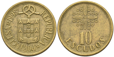 Португалия 10 эскудо 1998 KM 633 никель латунь 4571-946