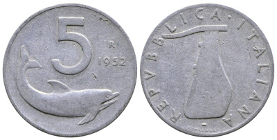 ИТАЛИЯ 5 ЛИР 1952 R, РУЛЬ, ДЕЛЬФИН KM 92 алюминий 261-1626