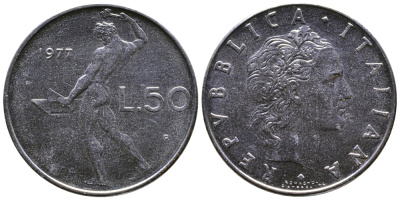 ИТАЛИЯ 50 ЛИР 1977 R, БОГ ОГНЯ ВУЛКАН У НАКОВАЛЬНИ KM 95.1 нержавеющая сталь 3333-135
