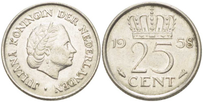 НИДЕРЛАНДЫ 25 ЦЕНТОВ 1958 ЮЛИАНА (1948-1980) KM 183 никель 214-928