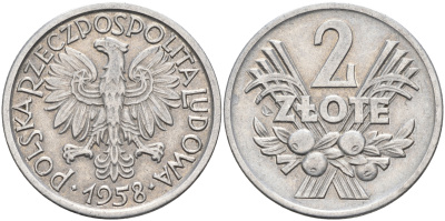 Польша 2 злотых 1958 MW KM 46, Parchimowicz 216a алюминий 4593-246