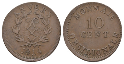 Франция, Осада Антверпена 10 сантимов 1814 Людовик XVIII KM 7 бронза 1519-434