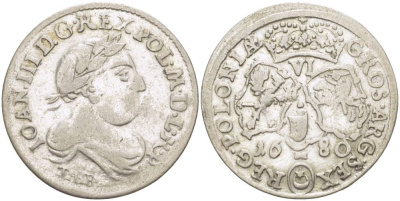 Польша 6 грошей (шостак) 1680 TLR, Ян III Собеский (1674-1696), вес 3,27 гр. Kopinski 267.4a серебро 1517-921