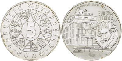 Австрия 5 евро 2005 10 лет вступления Австрии в ЕС, Бетховен, гимн ЕС KM 3120 серебро UNC 02-012-25