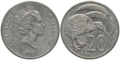 Новая Зеландия 20 центов 1987 Елизавета II (1952-2022), птичка киви KM 62 медно-никель 81-626