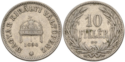 Венгрия 10 филлеров 1894 KB, Франц Иосиф I (1848-1916) KM 482 никель 4151-1066