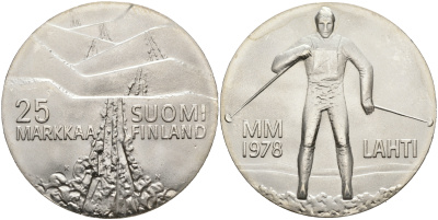 Финляндия 25 марок 1978 K-N, 21 Чемпионат мира по лыжным видам спорта 1978 в Лахти KM 56 серебро 4552-1022