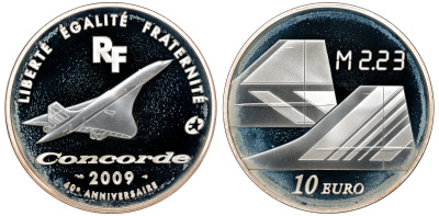 Франция 10 евро 2009 40 лет самолетам Конкорд, превышение скорости звука в 2,23 раза KM NEW серебро PROOF 6-5-1-29