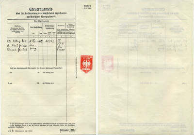 Германия документ об уплате налогов за получение дивидеднов по акциям 1927 бумага 8805-05-1