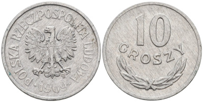 Польша 10 грошей 1969 MW KM АА47, Parchimowicz 206h алюминий 4564-1052