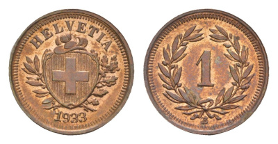 Швейцария 1 раппен 1933 KM 3 бронза aUNC 413-1021