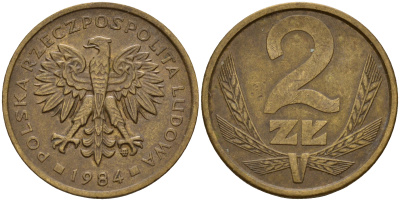 Польша 2 злотых 1984 MW KM 80.1 латунь    4598-1239