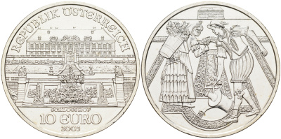 Австрия 10 евро 2003 дворец Шлосс Хоф, крестьяне KM 3103 серебро  UNC  1522-1234