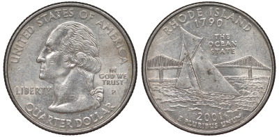 США 25 центов = квотер 2001 Р, серия штаты США, Род-Айленд KM 320 медь плакированная медно-никелем 4538-1234