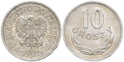 Польша 10 грошей 1967 MW KM AA47, Parchimowicz 206f алюминий 4549-262