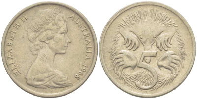 АВСТРАЛИЯ 5 ЦЕНТОВ 1968 ЕЛИЗАВЕТА II (1952-) МОЛОДОЙ ПОРТРЕТ, ЕХИДНА KM 64 медно-никель 218-113