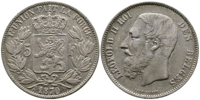 Бельгия 5 франков 1870 Леопольд II (1865-1909) KM 24  серебро    00-1067-9-53