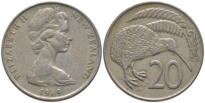 Новая Зеландия 20 центов 1969 Елизавета II (1952-2022), птичка киви KM 36.1 медно-никель 81-615