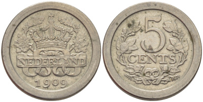 НИДЕРЛАНДЫ 5 ЦЕНТОВ 1909 KM 137 медно-никель aUNC 66-1215