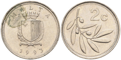 Мальта 2 цента 1993 оливковая ветвь KM 94 медно-никель 116-132