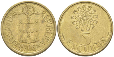 ПОРТУГАЛИЯ 5 ЭСКУДО 1986 KM 632 никель латунь 213-257