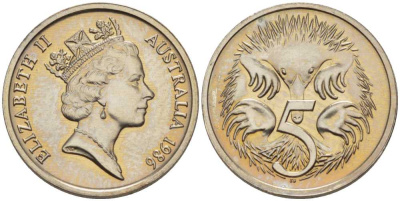 АВСТРАЛИЯ 5 ЦЕНТОВ 1986 ЕЛИЗАВЕТА II, ВТОРОЙ ПОРТРЕТ В КОРОНЕ, ЕХИДНА KM 80 медно-никель UNC 39-1267